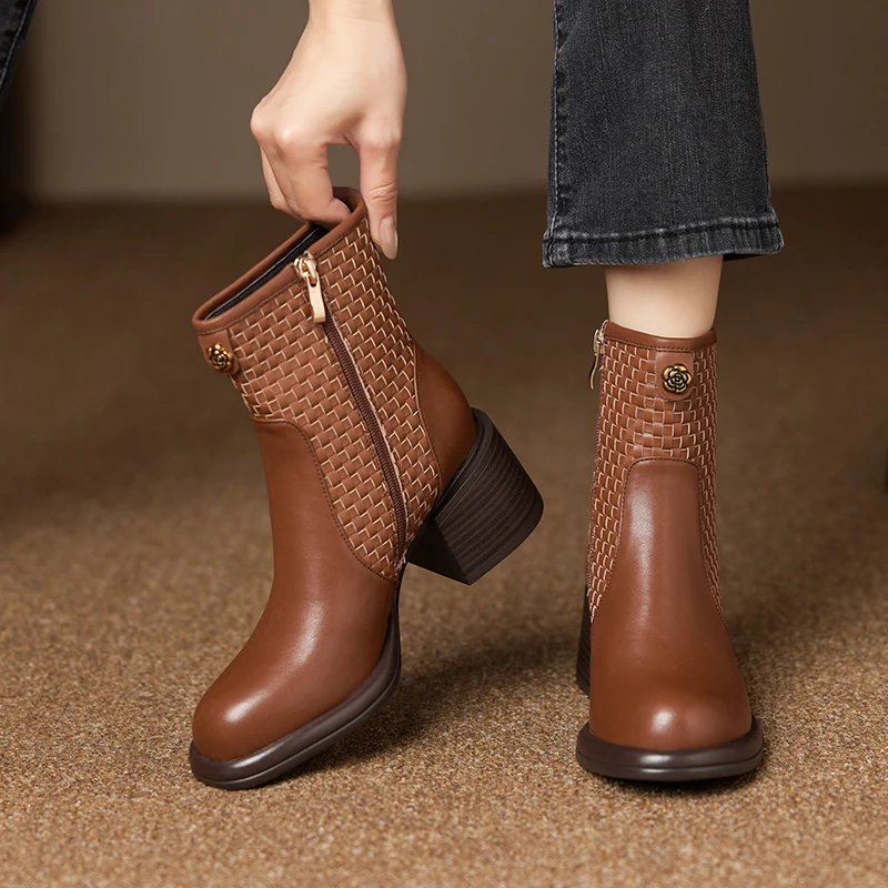 

Handmade Genuine Leather women's Ankle boots woven texture Round Toe Modern Booties Women pumps Elegant High Heels knight boots