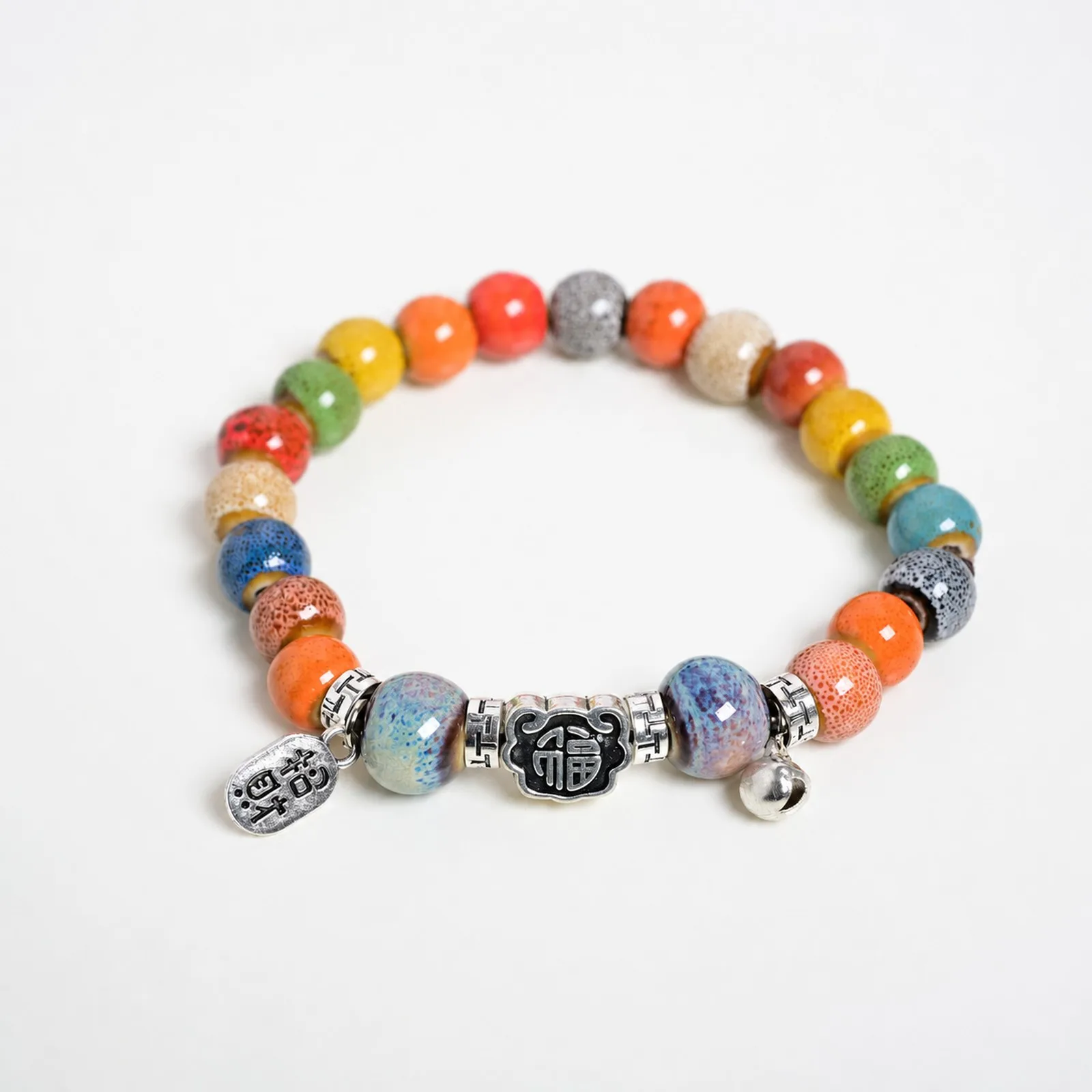 Handmade Ceramic Bead Bracelet with Lucky Plaque, Woven Stretch Cord and Metal Accents, Colorful Jewelry Y260714-03