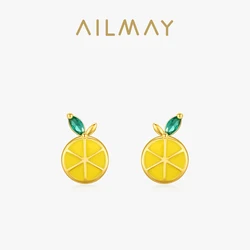 Ailmay 925 Sterling Silver Cute Lemon Enamel Zirconia Stud Earrings For Women Girl Dazzling Statement Hypoallergenic Jewelry