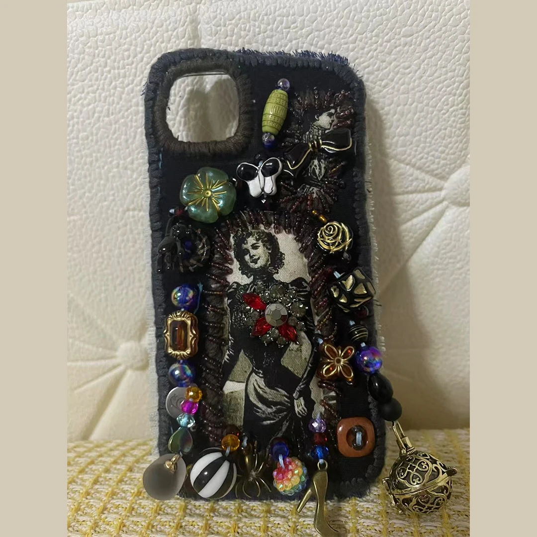 4002 Handmade Dark Gothic Patchwork Fabric Phone Case Retro Vintage Lady Print Skull Bead Tassel Charms Fringed Edge Unique