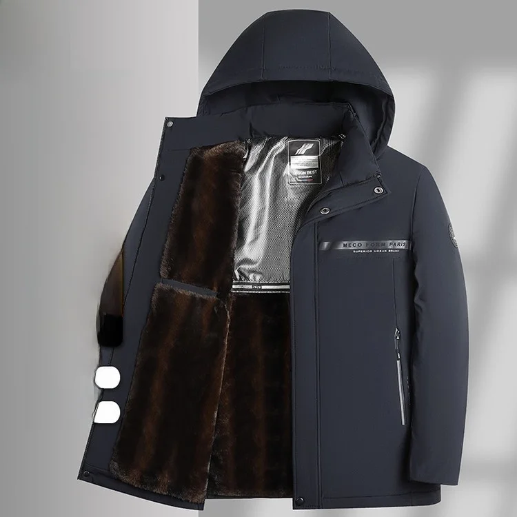 

Куртка мужская деловая повседневная утепленная из хлопка с отстегивающимся капюшоном, свободного кроя, прямого силуэта, удлиненная