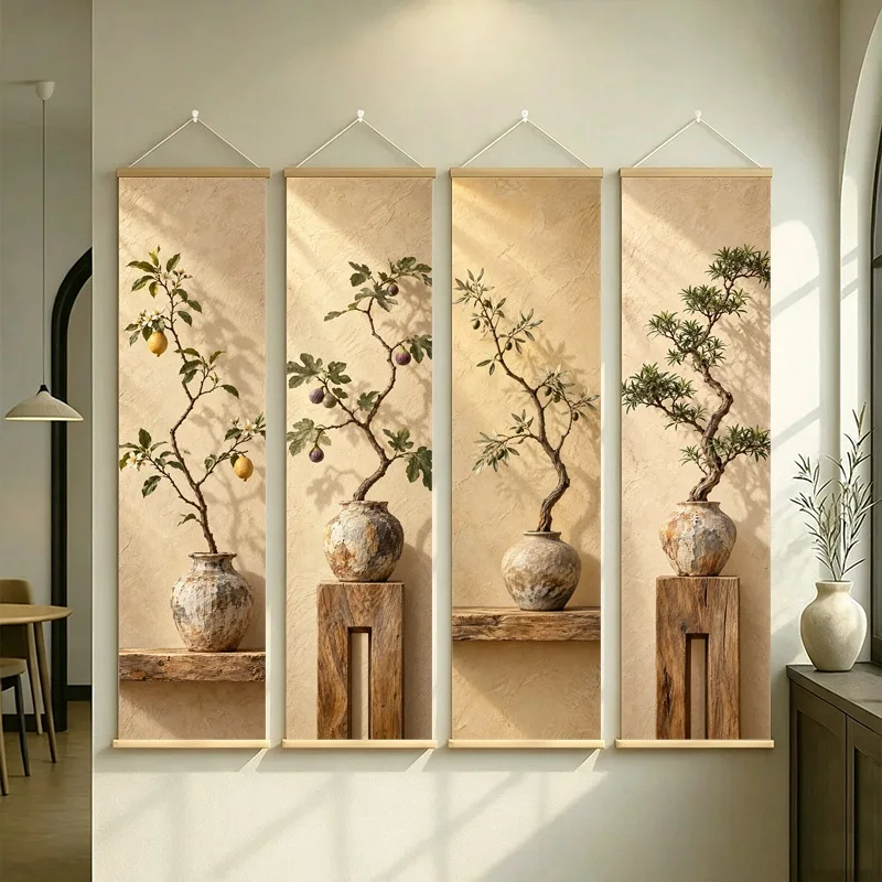 Wall Art Podocarpus and Lemon Tree, Calm Wabi-Sabi Silver Shimmer Canvas Hanging Scroll for Peaceful Japandi Living Room