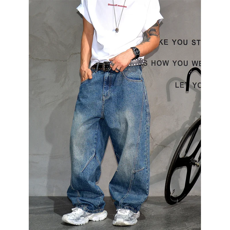 

American Retro Washed Curved Wide Leg Jeans, Men’s Vibe Casual Loose Lazy Style Floor-Length Pants