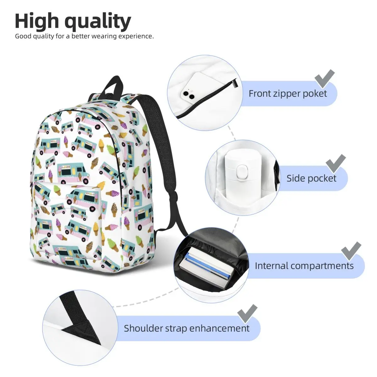 Retro Ice Cream Truck Pattern Backpack Student Boys Girls BookBag Children School Bag Laptop Shoulder Bags for Men Women