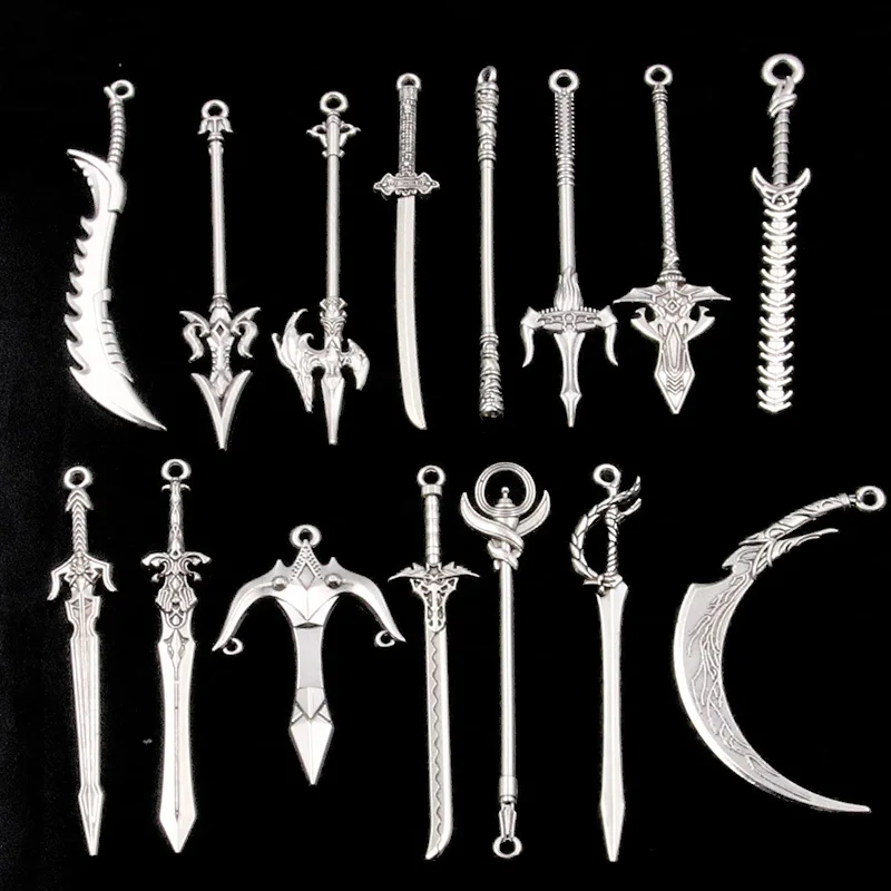 10PCS 15รูปแบบผสมโลหะผสม Charms อัศวินดาบมีดดาบปืนโบว์อาวุธจี้โบราณสำหรับ DIY เครื่องประดับทำด้วยมือวัสดุ