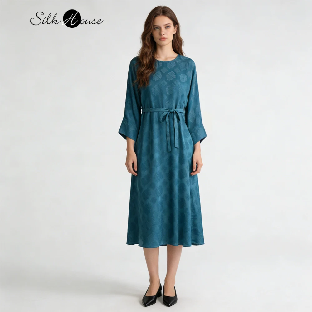 Women's Fashion Clothing 45MM 100%Natural Mulberry Silk Jacquard Gambiered Guangdong Gauze Round Neck Three-quarter Sleeve Dress