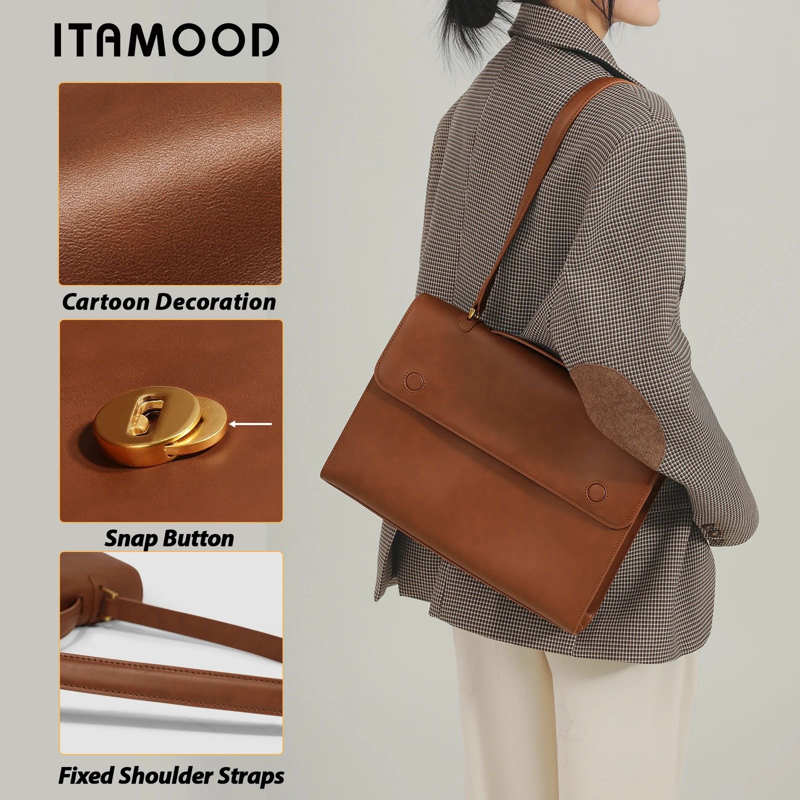 

ITAMOOD Large Capacity Tote Bag Women Genuine Leather Computer Document Handbag Intellectual Briefcase Retro Commuting Shoulder