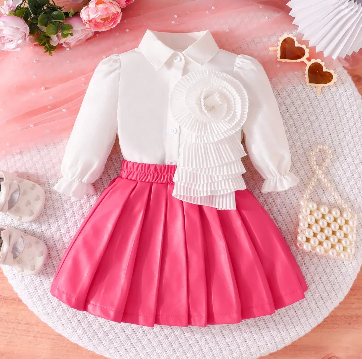 Girls Long Sleeve Shirt Ruffle Front Pleated Skirt Set Elegant Casual Party Dress Set Family Gathering Communion For Kids ZYD47
