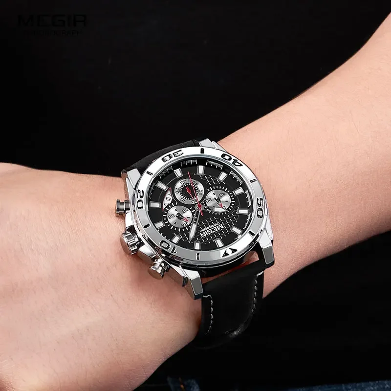 MEGIR Men's Army Sports Chronograph Quartz Watches Leather Strap Luminous Waterproof Wristwatch Man Relogios Clock 2094 Silver