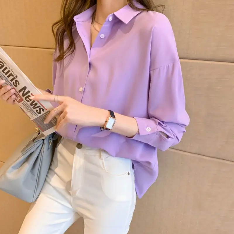 Spring Autumn Loose Large Size Solid Chiffon Women Korean Casual Style Ins Hong Kong Style Long-sleeved Shirt Bottoming Shirt