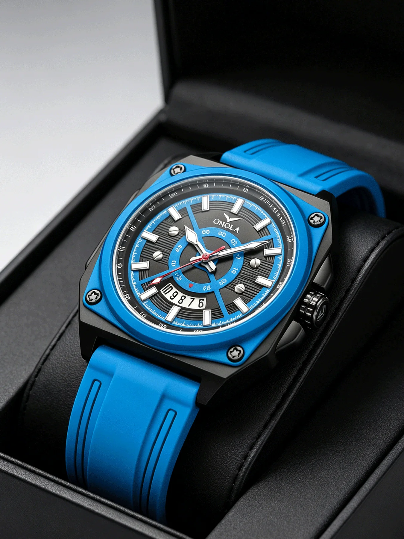 

ONOLA Round Sports Quartz Watch All Black Matte Case Embossed Silicone Strap Single Date Window Night Light Hand Waterproof Men'