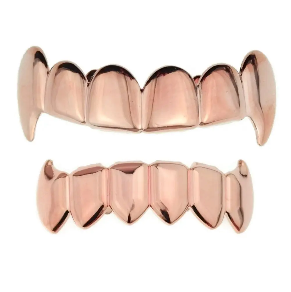 Gold Silver Plated HIP HOP Teeth Grillz Top & Bottom Grills Set With silicone Real Shiny Vampire Tooth Sets