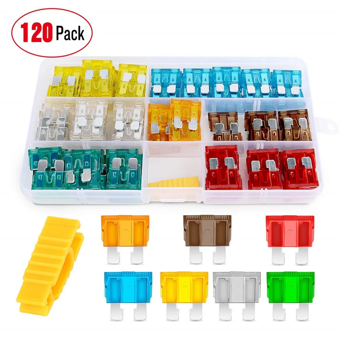 120 Pcs 5A 7.5A 10A 15A 20A 25A 30A 35A Medium Blade Fuse with Fuse Puller and Clear Storage Box for SUV Truck Boat