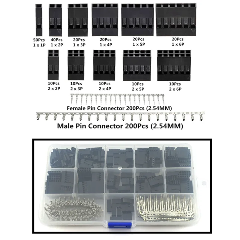 

620pcs Dupont Connector 2.54mm Dupont Cable Jumper Wire Pin Header Housing Kit Male Crimp Pins+Female Pin Terminal Connector