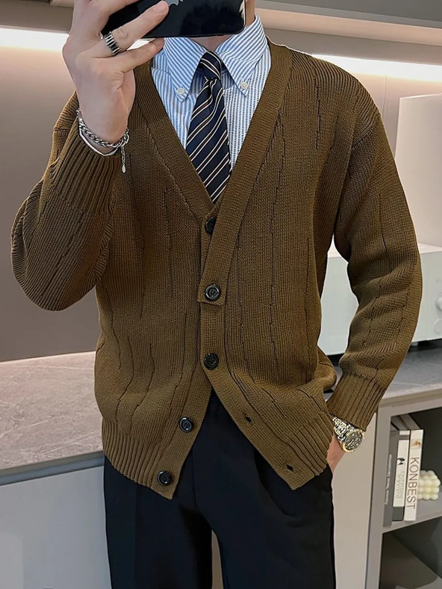 

V-Ne Knitted Open Cardigan Casual Loose Men's Outerwear Spring Autumn New Design Retro Maturi Lightweight Spring Cardigan