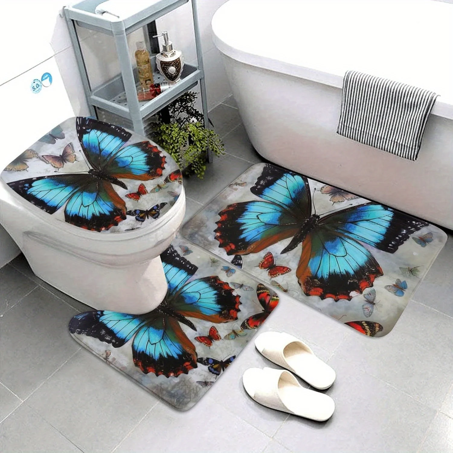 

3pcs Blue Butterfly Bathroom Floor Mat Set with Toilet Seat Cover - Non-Slip U-Shaped Contour Mat, Soft Flannel Fabric, Blue