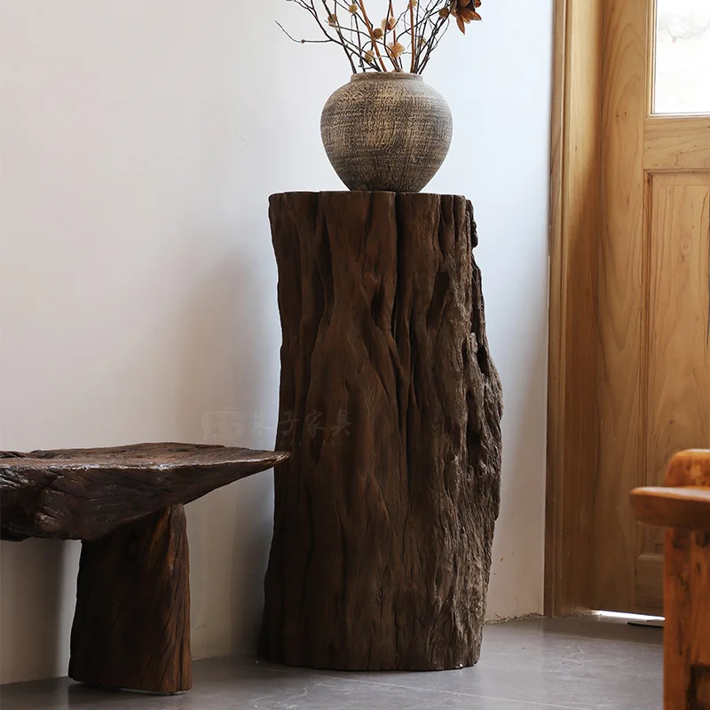 Customized wabi-sandy wind solid wood pier, living room decoration, bedroom root carving furniture, floor-to-ceiling wooden pile