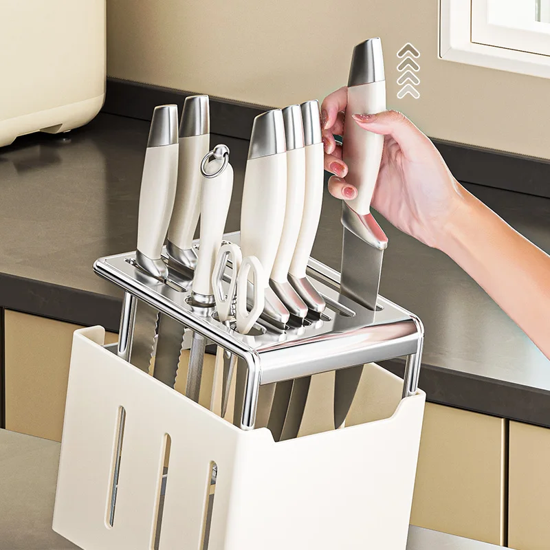 Luxury Stainless Steel Kitchen Knife Rack Storage Holder One-Piece Design Vegetable Cutter Basket Integrated Organizer