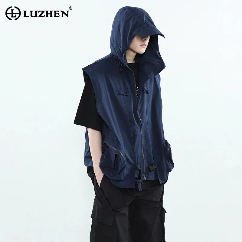 

LUZHEN 2025 New Solid Color High Quality Outdoor Clothes Fashion Men Sleeveless Loose Vest Jacket Hooded Casual Waistcoat JY3506