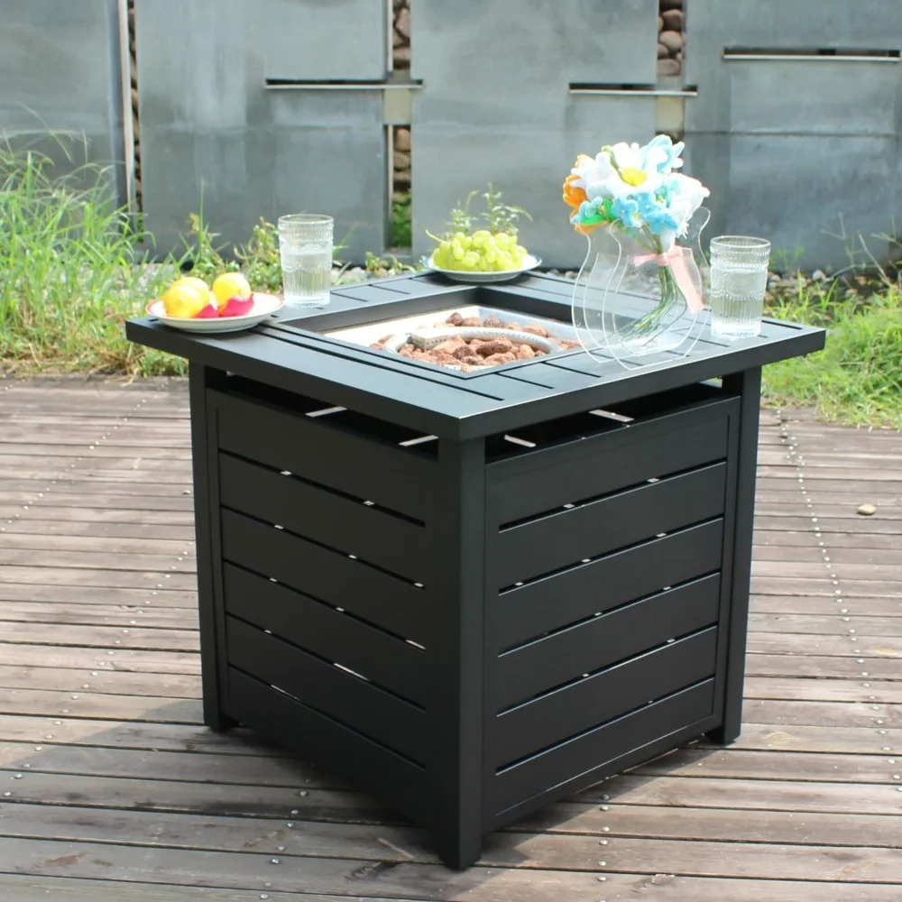 Propane Pit Table for Outdoor Terrace, Gas Pit with Cover and Volcanic Rock, 50000 BTU Pit, 28 in