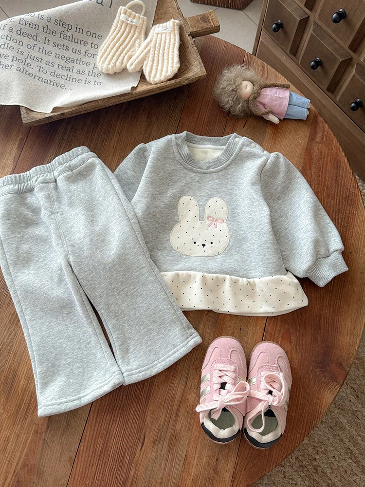 

Girls' Autumn Winter Set Fleece-Lined New Style Baby Girl Lace Sweatshirt Two-Piece Set Infant Cartoon Casual Clothes aClass