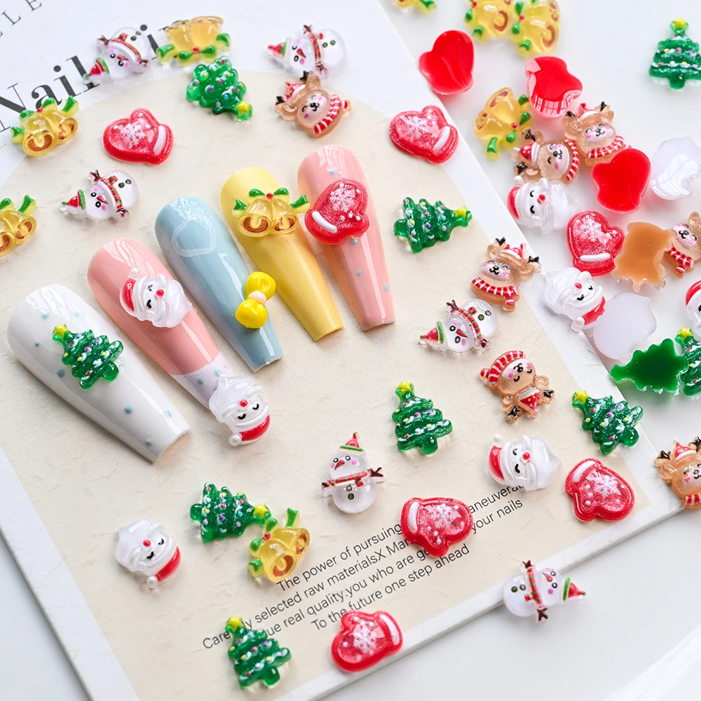 12Grids 3D Cartoon Christmas Nail Art Accessories Cute Xmas Tree Santa Claus Bell Nail Charms Rhinestone DIY Christmas Manicure﻿