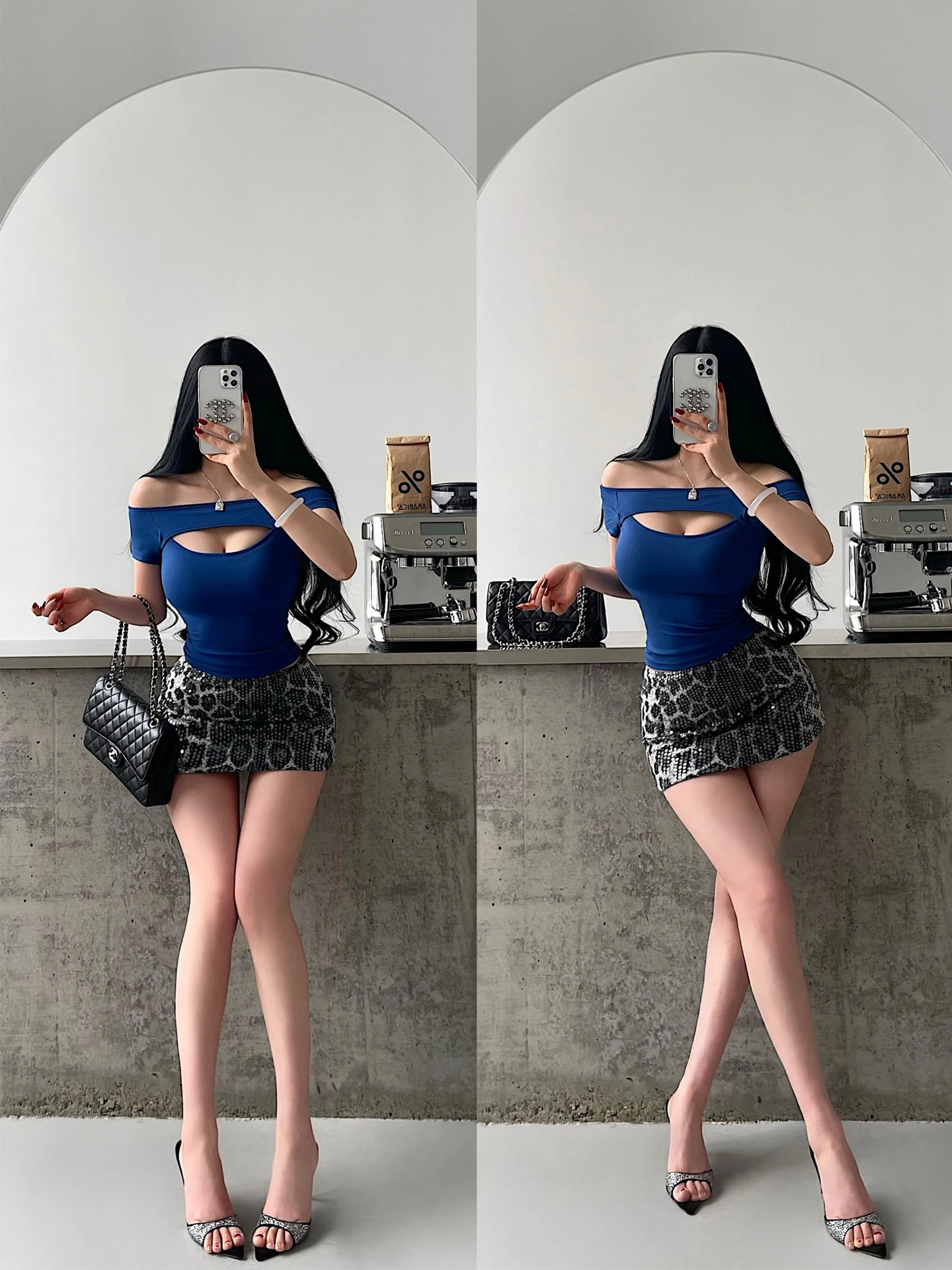 Sexy Sparkling Low Waist  Skirt with Bustle Anti Exposure Short Skirt for Young Girls in Daily Life Glittering Leopard Print