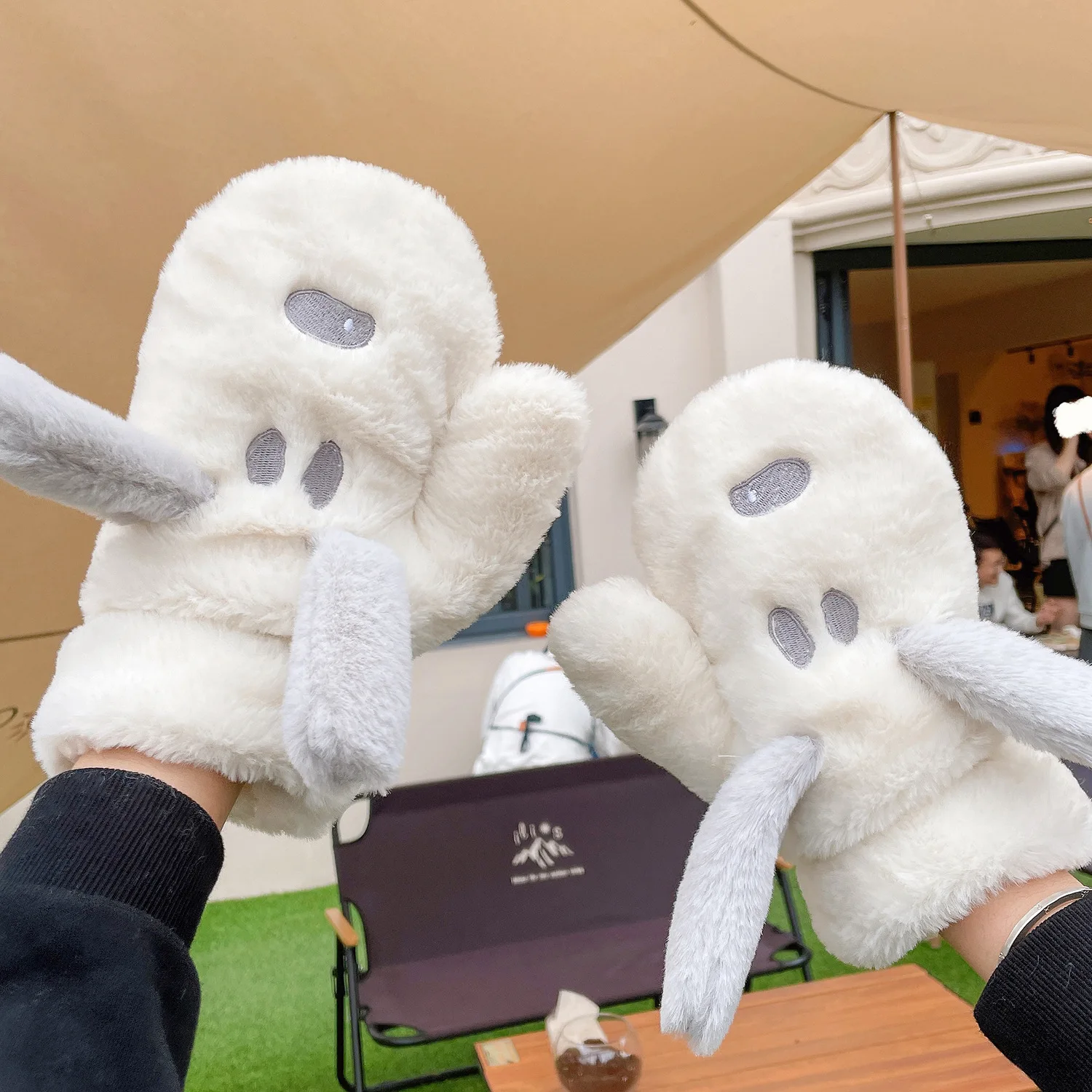 Miniso رمادي سنوبي قفازات الكرتون لطيف جرو الشتاء الطالبات ركوب الدراجات سميكة الباردة واقية الحبل قفازات