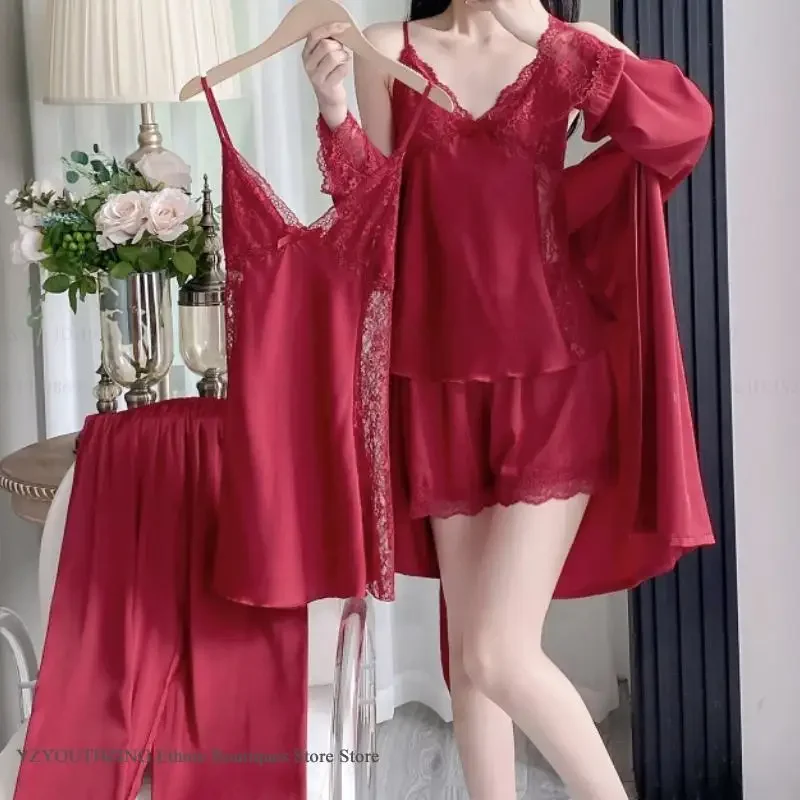 

Spring Summer Women Pajamas Five Piece Set Sleepwear Sexy Lace Nightgown Cami Shorts Trouser Pijamas Suit Loose Satin Homewear