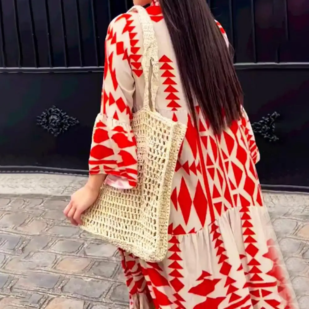 

Charming Long Dress Thin Beach Dress Long Sleeve Irregular Print Bohemian Beach Dress Versatile