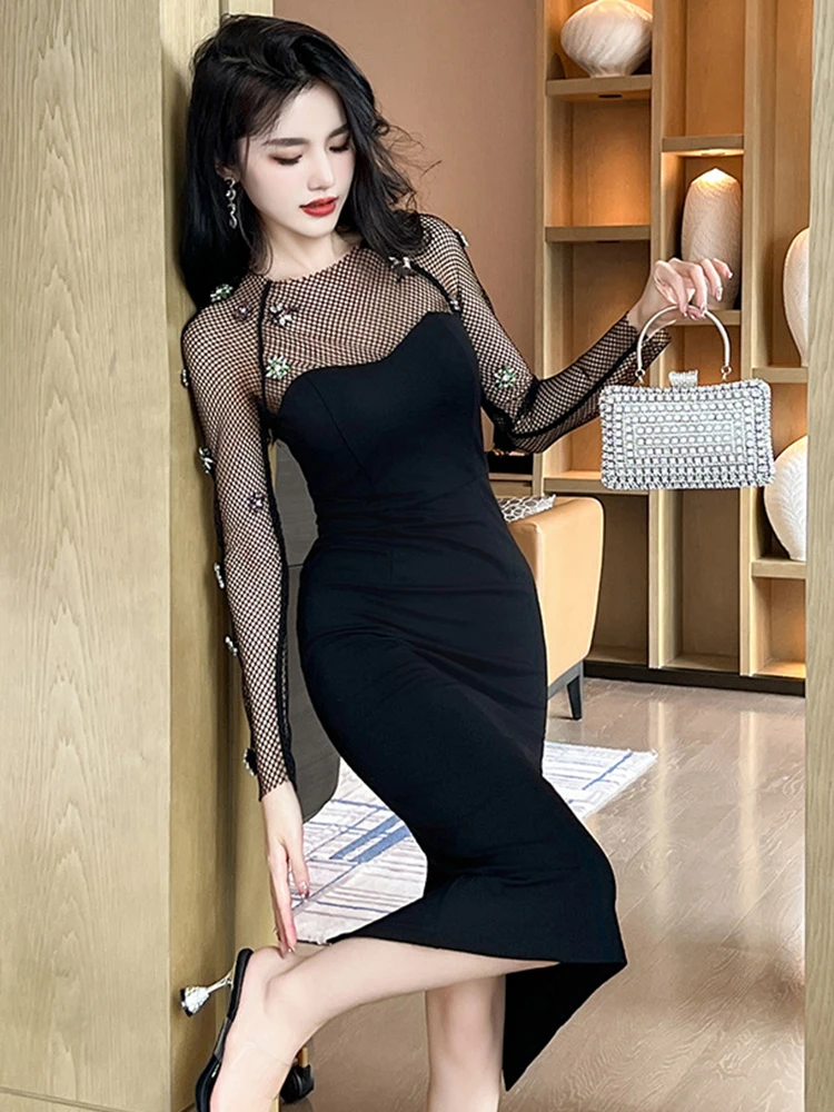 Fashion Autumn Winter Black Long Evening Dress Women Ladies Clothing Hollow Sexy Skinny Midi Party Robe Mujer Stretchy Vestidos