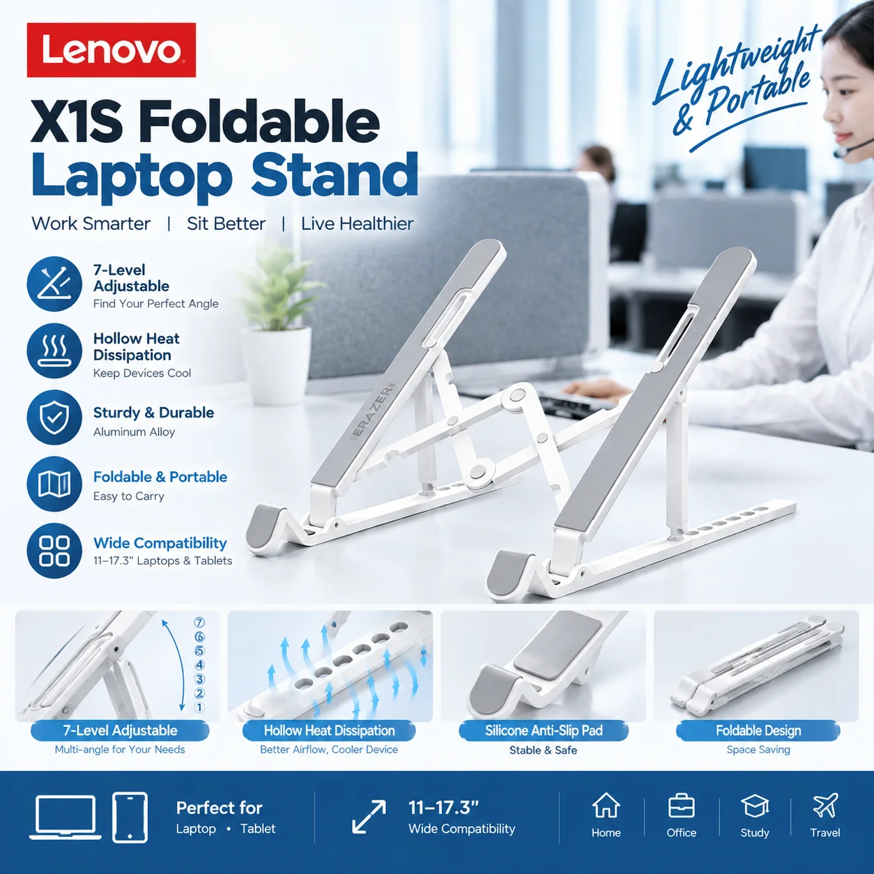 2026 Lenovo ERAZER X1S Foldable Laptop Stand 7-Level Adjustable Aluminum Alloy Cooling Riser Anti-Slip Portable Notebook Holder