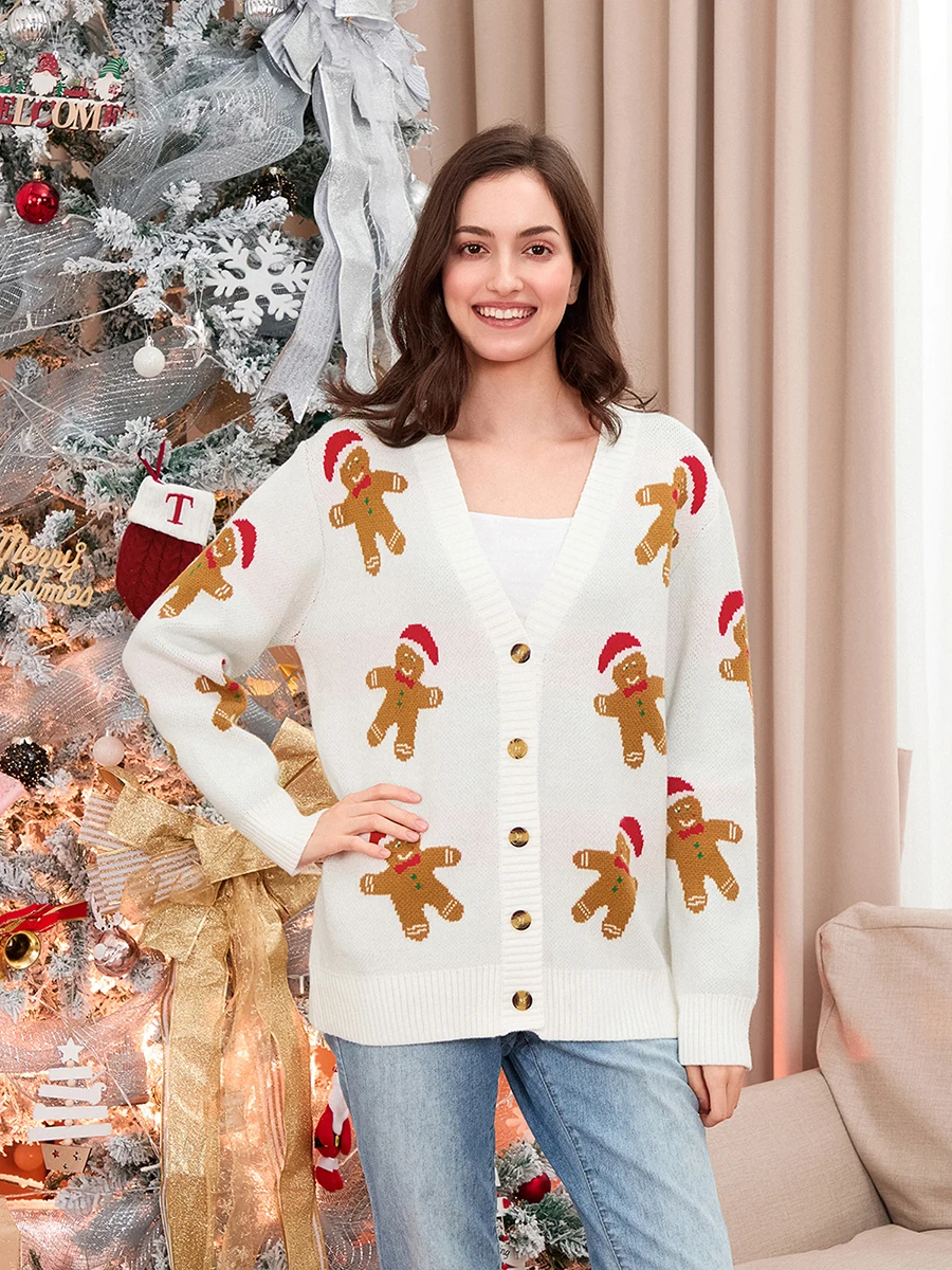 Women s Christmas Cardigan Gingerbread Man Pattern Button-front Long Sleeve V-Neck Ribbed Knitted Sweaters