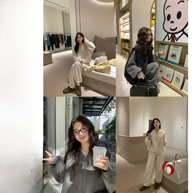 

Zhang Bebe Woolen Zipper Jacket High Waist Wide Leg Pants Two Piece Set Autumn Fashion Women's Clothing Ensemble