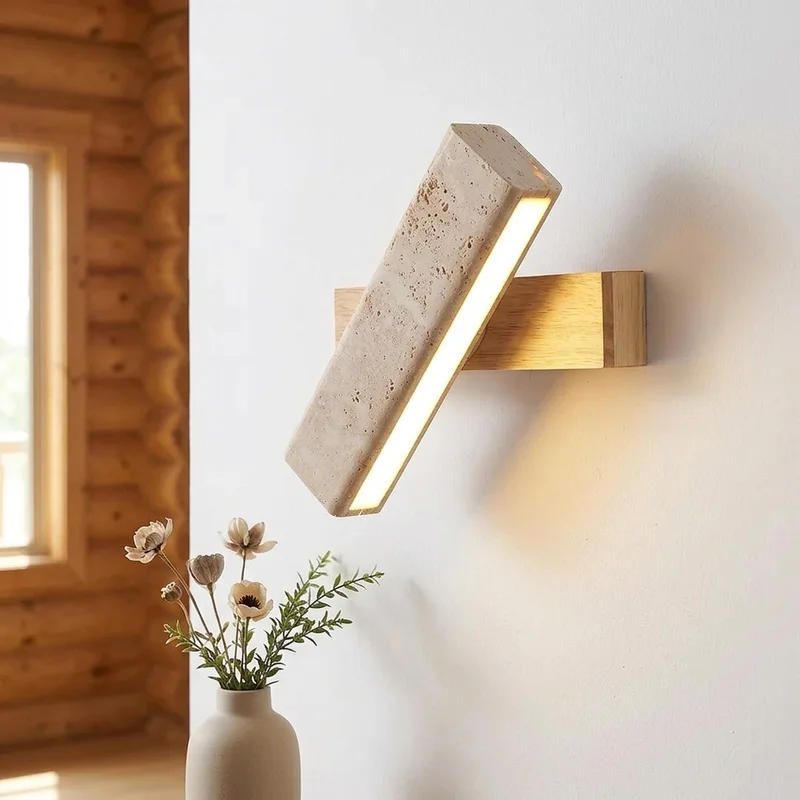 Modern Travertine And Wood Linear Wall Mounted Bedroom Bedside Living Room Hallway Corridor Decorative Ambient Accent Wall Lamp