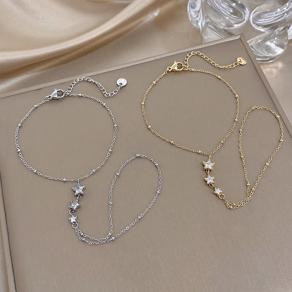 Cute Stars Zircon Bracelet for Women Gold Silver Color Stainless Steel Link Connected Finger Ring Bracelets Hand Jewelry