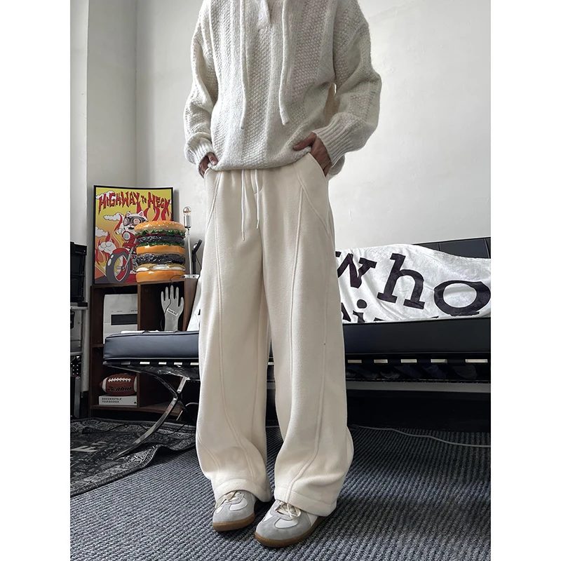 Winter Thicken Beige Pants Men Warm Fashion Thick Casual Pants Men Streetwear Korean Loose Wide Leg Pants Mens Trousers M-3XL