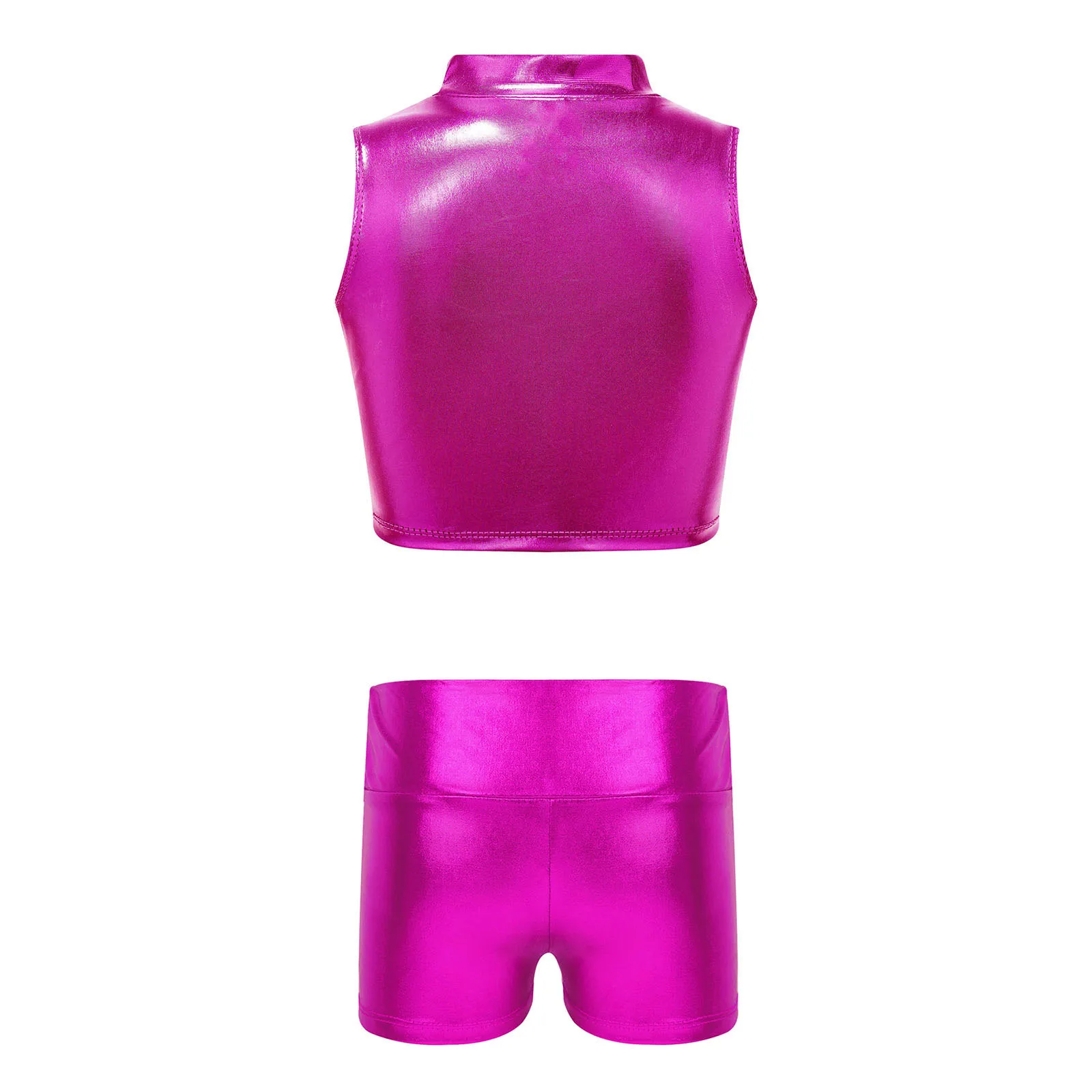 Kids Girls 2-Piece Dance Outfits Shiny Metallic Mock Neck Crop Top with Booty Shorts Gymnastic Training Exercise Activewear