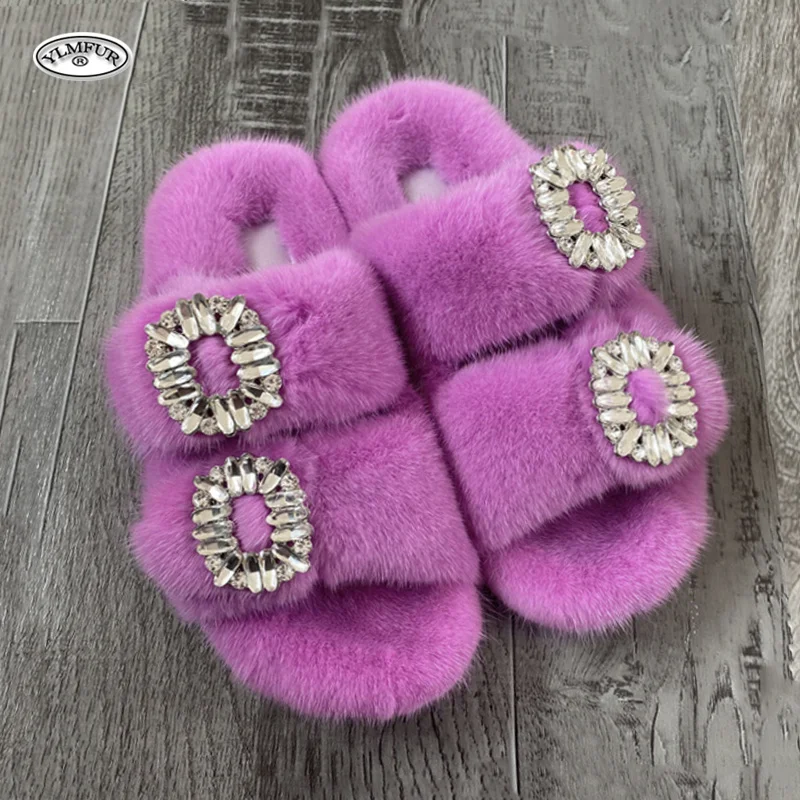 2024 Women\'s Fur Slippers 100% Real Mink Fur Slippers Europen Station Ladies Fur Slides Flat Heel Luxury Fashion Mink Slippers