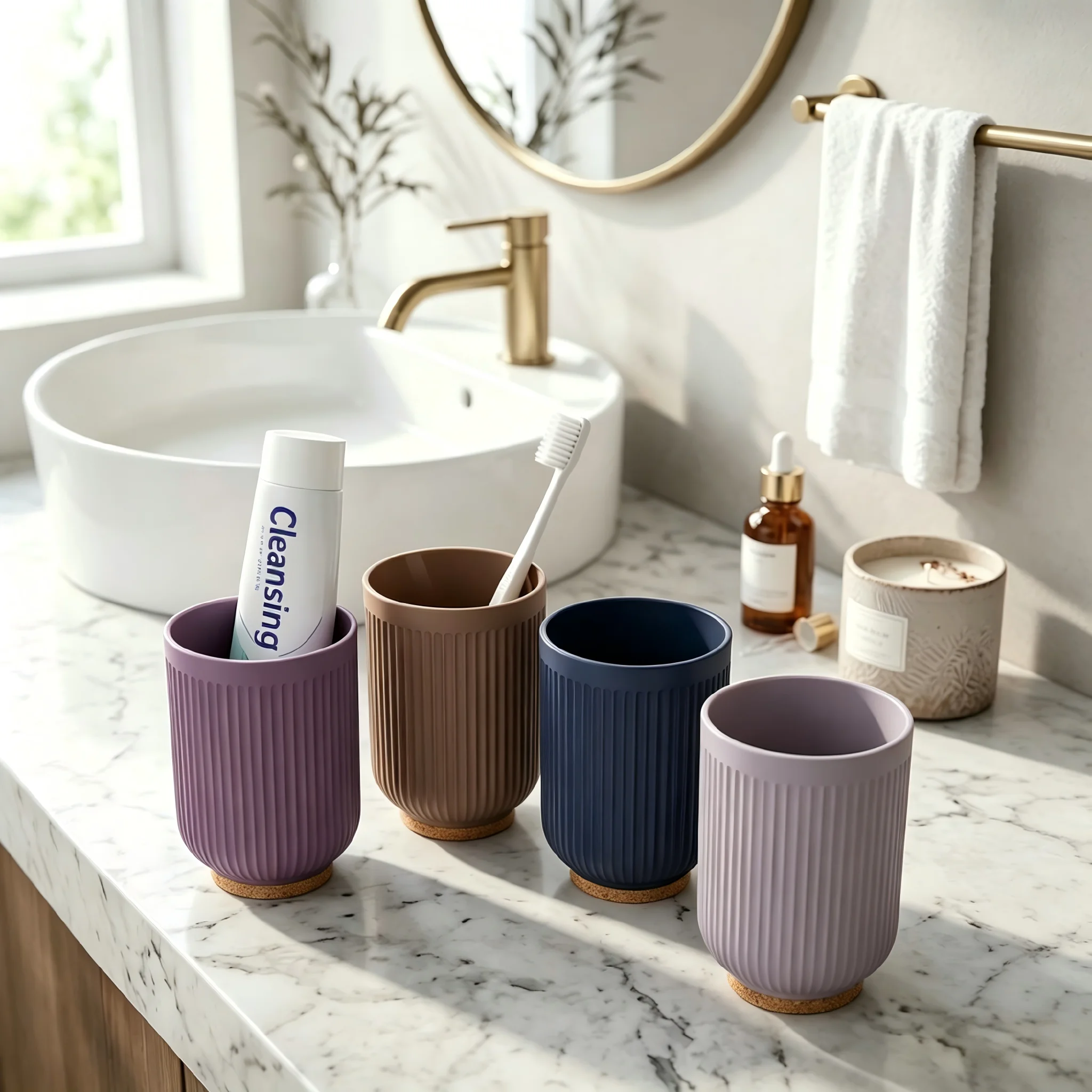 

5 Colors Striped Mouthwash Cups With Bamboo Pad Base ABS Tumblers Toothbrush Cup Light Luxury Style Bathroom Storage Accessory