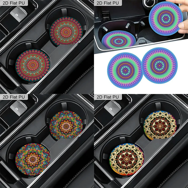2D Flat 2pcs Mandala Car Coasters Boho Psychedelic Floral Pattern PU Leather Water Cup Coasters For Car Vehicles & Home Desk, Al