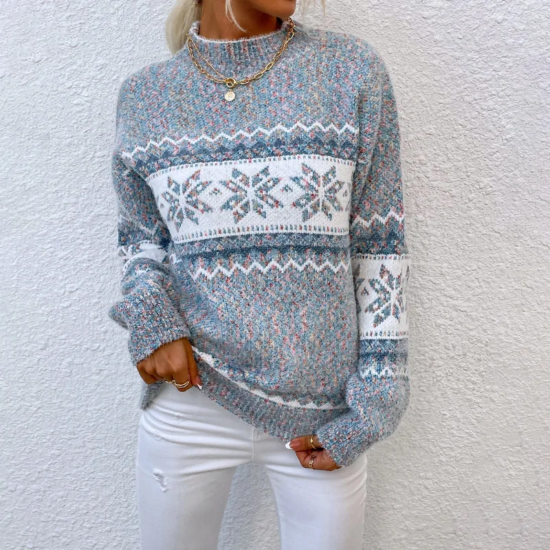 

Christmas Snowflake Pullover Sweater Trendy Long Sleeve Semi High Neck Sweater Women's Knitted Top Autumn Winter Casual Pullover