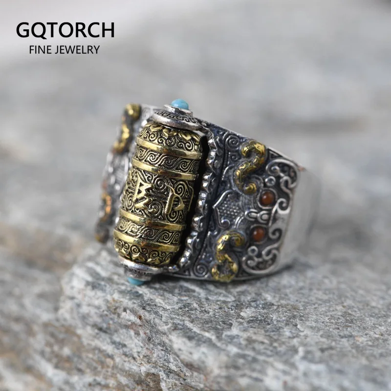 

S925 Sterling Silver Vintage Ring Buddhist Six Words Mantra Rotatable Punk Cool Ring for Men Open Adjustable Jewelry