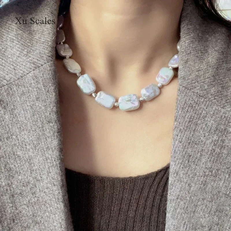 Natural Fresh Water Irregular Baroque Bright White Square Pearl Necklace Women\'s Vintage Jewelry Collar Neckchain Exquisite Gift