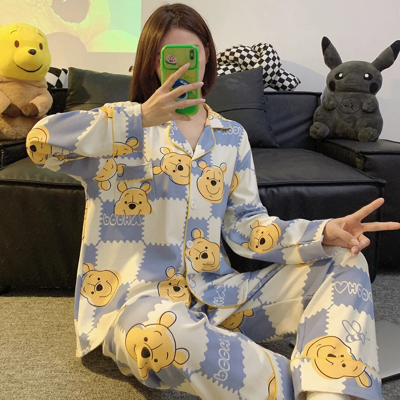 Disney Winnie the Pooh autumn new pajamas female cartoon cute cotton lapel cardigan long-sleeved sweet loungewear set