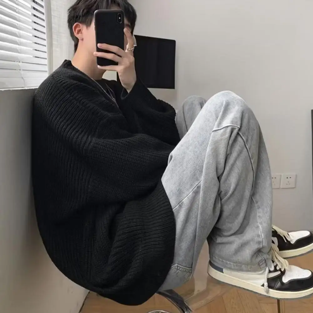 Men Sweatshirt Cozy Knitted Pullover Sweater for Women Loose Fit Round Neck Mid Length Top Stretchy Wear Autumn Spring Sweater