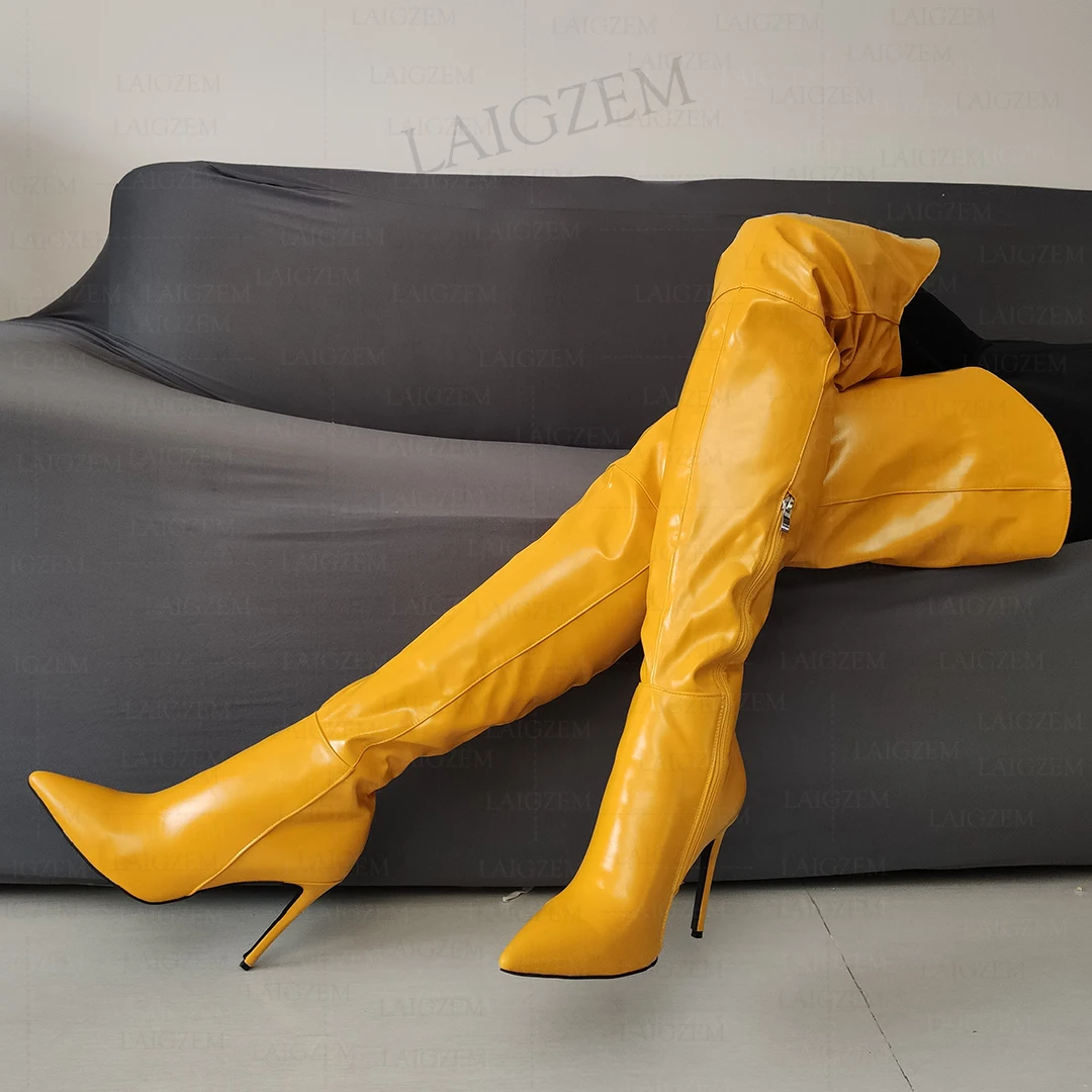 LAIGZEM Women Thigh High Boots Pointed Toe V Cut Side Zip Stiletto High Heels Boots Over Knee Shoes Woman Plus Size 38 41 44 47