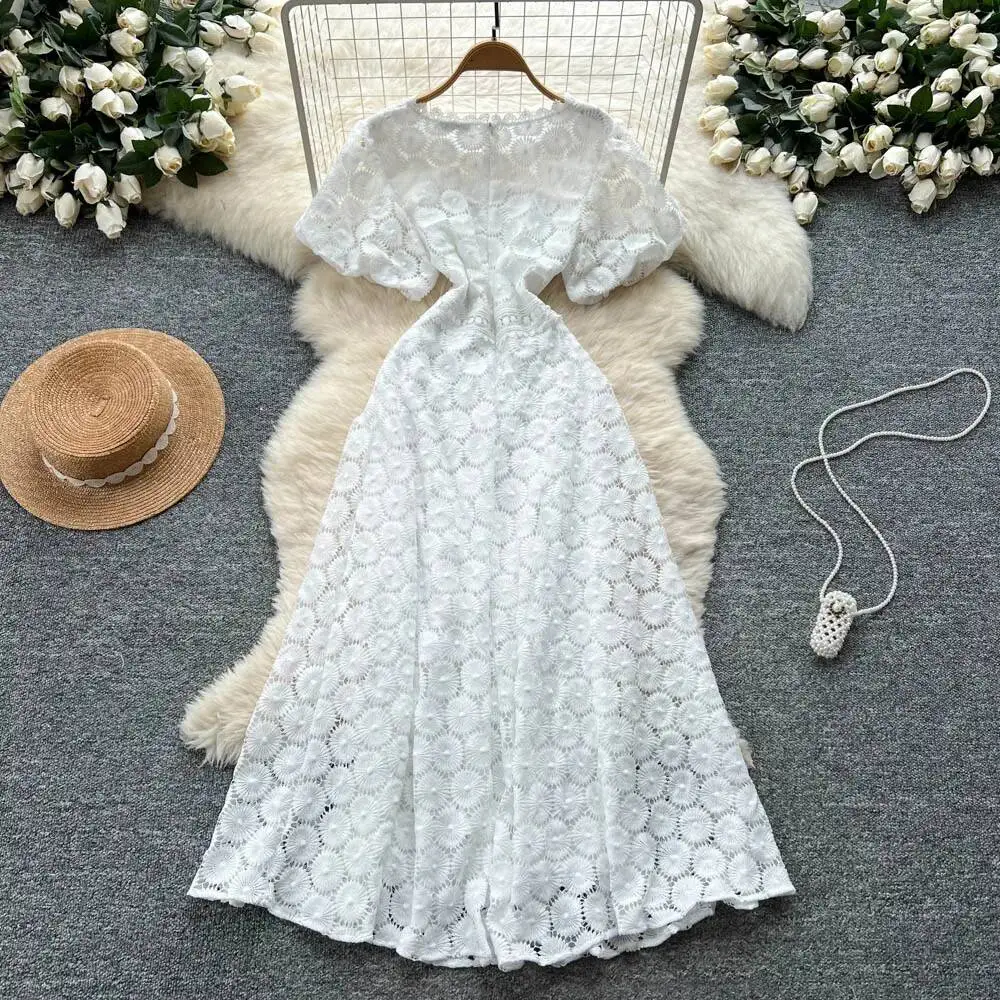 Sexy chic Hook flower hollow puff sleeve A-line dress Vintage Women Casual High Street summer women clothing