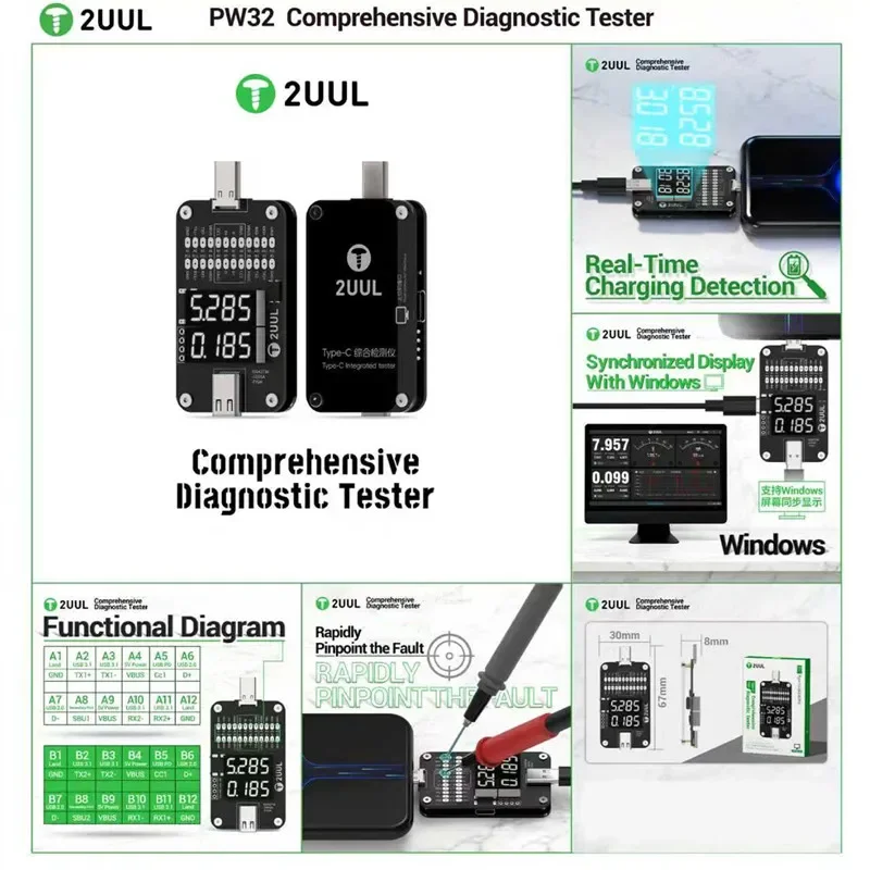 

2UUL PW32 Type-C Integrated Tester, Real-Time Voltage/Current Detection, 24-Pin Functional Diagram Analysis, for Charger & Cable