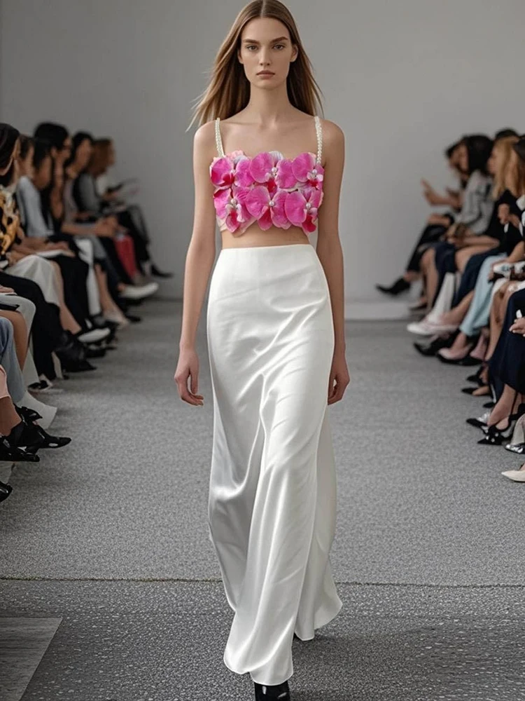 

Women Long Skirt Two Piece Sets Sexy Spaghetti Strap Pearl Flower Crop Top + Slim Skirt Suits Evening Party Celebrity Formal Set